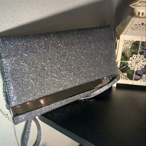 Silver Glitter Purse Clutch Small Detachable Strap With Clear Detailing